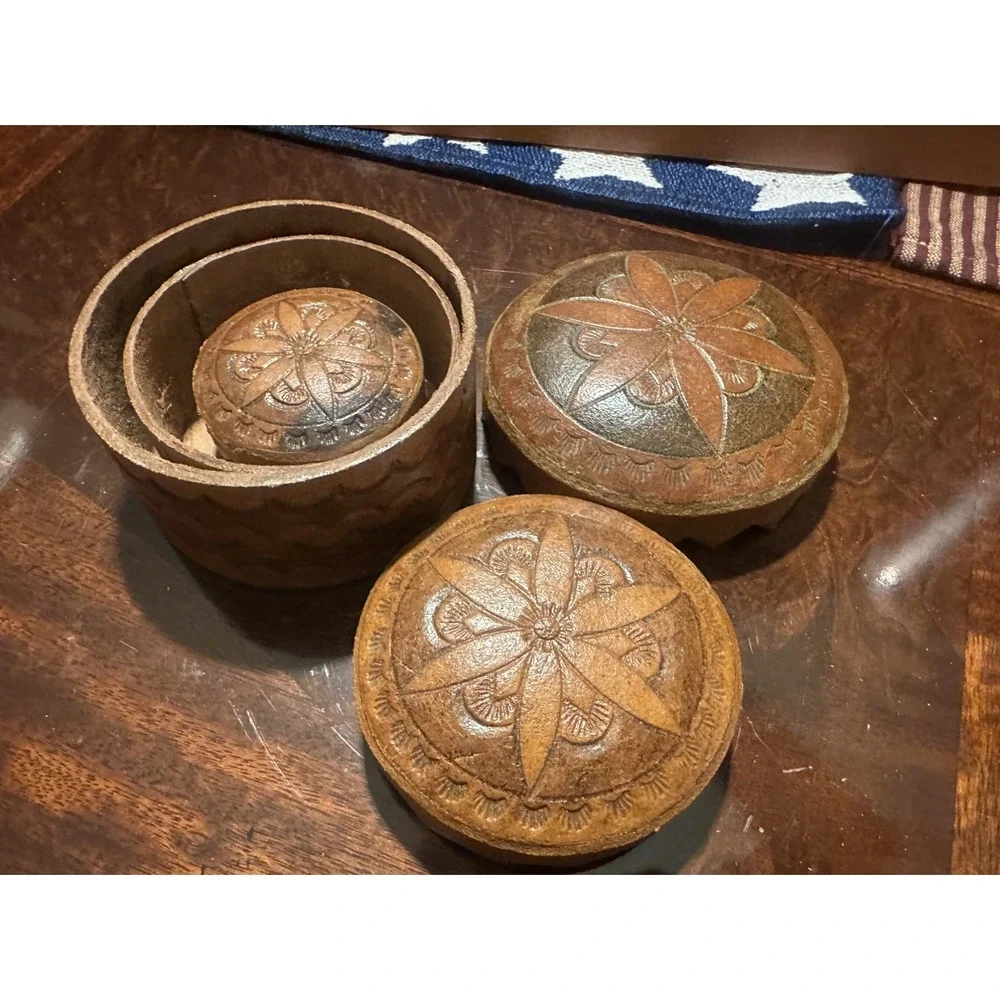 Vintage leather boxes Jewelry Nesting Round symbols Flower storage tooled